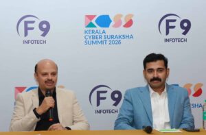 F9 cofounder and Chief Executive Officer Jayakumar Mohanchandran and Rajesh Radhakrishnan Chief Techonology officer addressing the media conference announcing the Kerala Cyber Suraksha Summit to be held in Kochi Le Meredian Hotel on September 5.